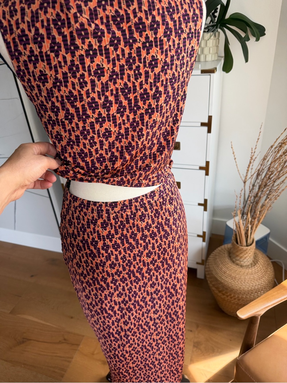 Sleeveless Mock Neck Maxi Dress in Coral and Navy Print